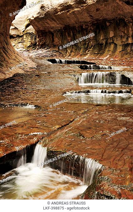 Water flowing over rock steps, Subway, North Creek, Zion National Park, Utah, Southwest, USA, America