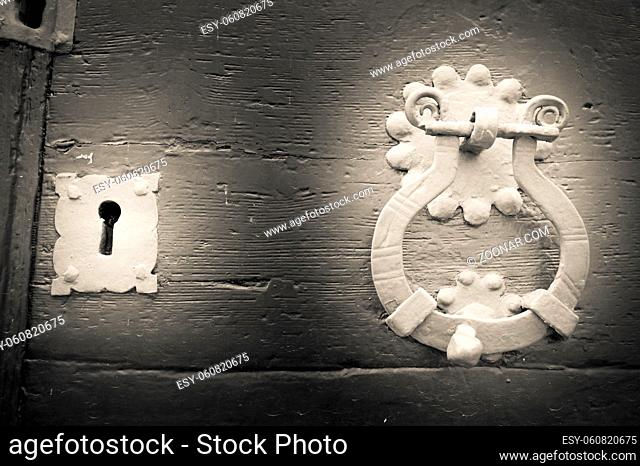 Lock and knocker of an old wooden door