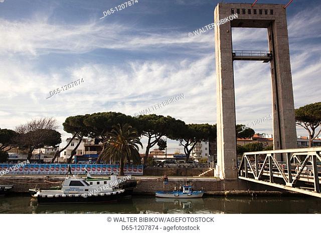 Italy, Lazio, Fiumicino, river canal and bridge