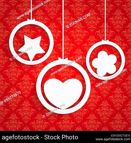 White rings with heart, star and flower on the red background. Eps 10 vector file