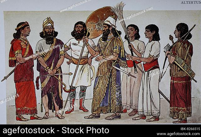 Kleidermode des Königs und seines Gefolges in Assyrien, 12. -7. Jh. v. Chr. von links, hohe Würdenträger mit langen Hemdgewändern