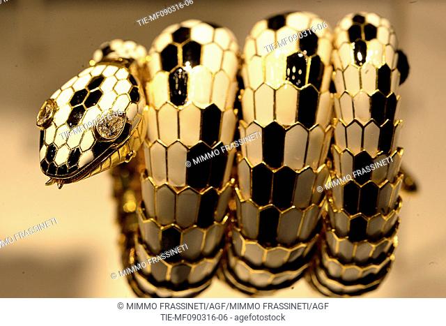 The snakes inspired jewerly, design and art organized by Bulgari, the snakes by Bulgari, Palazzo Braschi, Rome, ITALY-09-03-2016