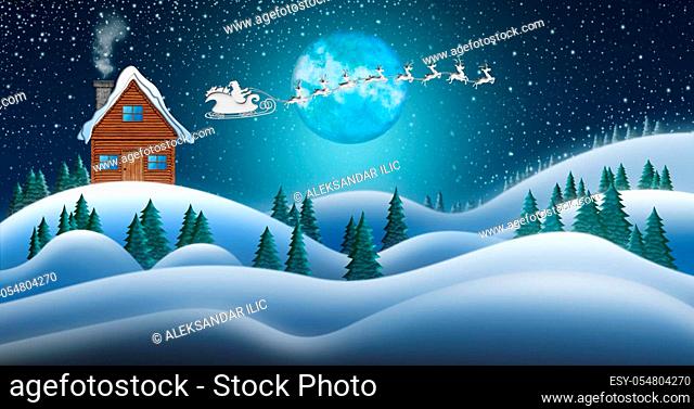 Santa Clause and Reindeers Sleighing Through Christmas Night Over the Snow Fields and Santas House at North Pole