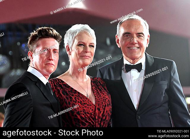 The director David Gordon Green, Jamie Lee Curtis, Alberto Barbera during the Red carpet at the 78th Venice Film Festival, Venice, ITALY-08-09-2021
