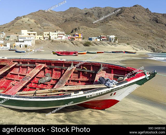 Traditional fishing boats on a beach near Sao Pedro. Island Sao Vicente, Cape Verde an archipelago in the equatorial, central Atlantic in Africa