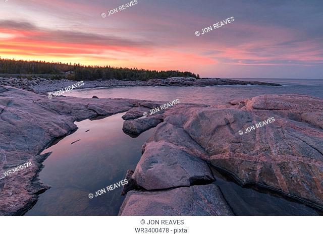 Waves and rocky coastline at sunset, Lackies Head and Green Cove, Cape Breton National Park, Nova Scotia, Canada, North America
