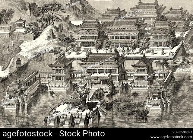 Uan-tceu-tcian, Old Summer Palace, China. Old 19th century engraved illustration, Trip to Beijing and North China 1873