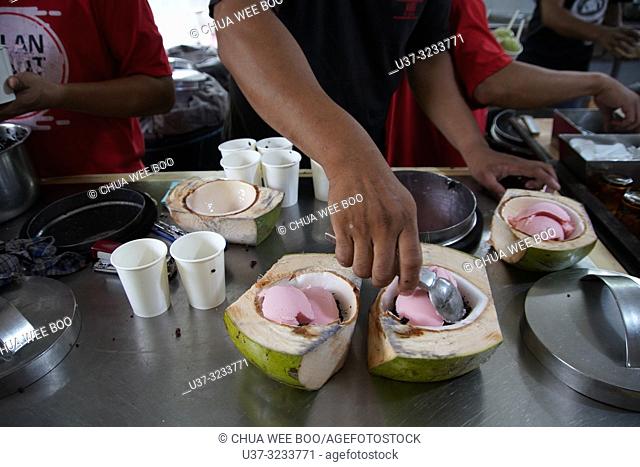 Homemade assorted ice-cream served with coconut in Pontianak, Indonesia