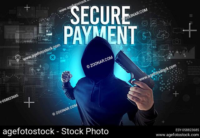 Faceless man with SECURE PAYMENT inscription, online security concept