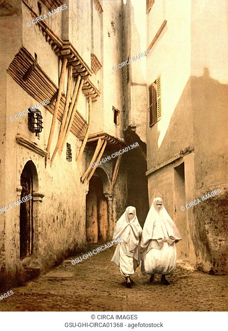Two Women Walking Along Red Sea Street, Algiers, Algeria, Photochrome Print, circa 1900