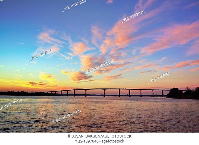 The Governor Thomas Johnson Bridge over the Patuxent River viewed from the boardwalk on Solomon’s Island, Maryland