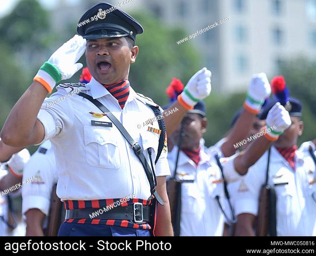 Soldiers of different platoons at the 76th Independence Day parade and function at Assam Rifles ground in Agartala. Tripura, India