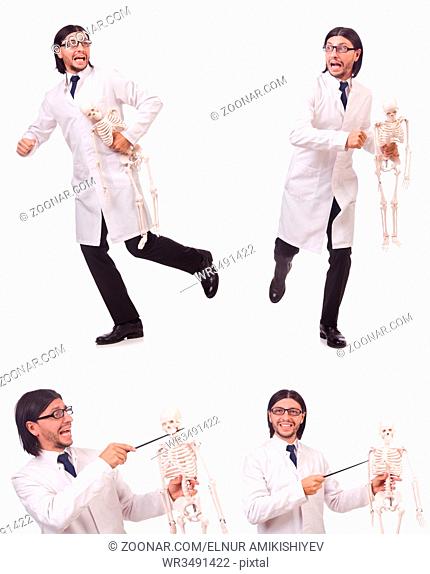 Funny teacher with skeleton isolated on white