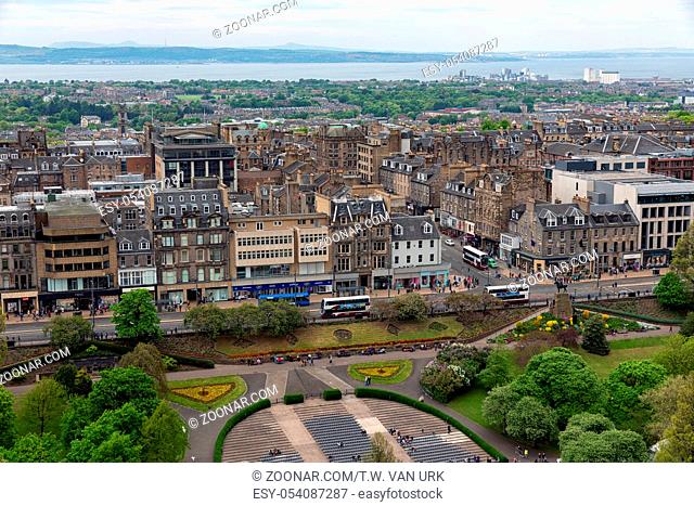 Edinburgh, Scotland - May 20, 2018: Cityscape Edinburgh with Princes Street gardens, Aerial view from Edinburgh castle