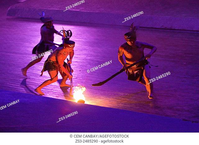 Interpretation of the ritual ball game during ""Mexico Espectacular"" show, Xcaret, Playa del Carmen, Riviera Maya, Yucatan, Mexico, Central America