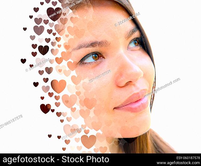 Creative portrait of a young asian girl combined with countless hearts