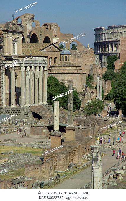 Archeological area of the Roman Forum, Colosseum (UNESCO World Heritage List, 1980) in the background, 1st century, Rome, Lazio, Italy