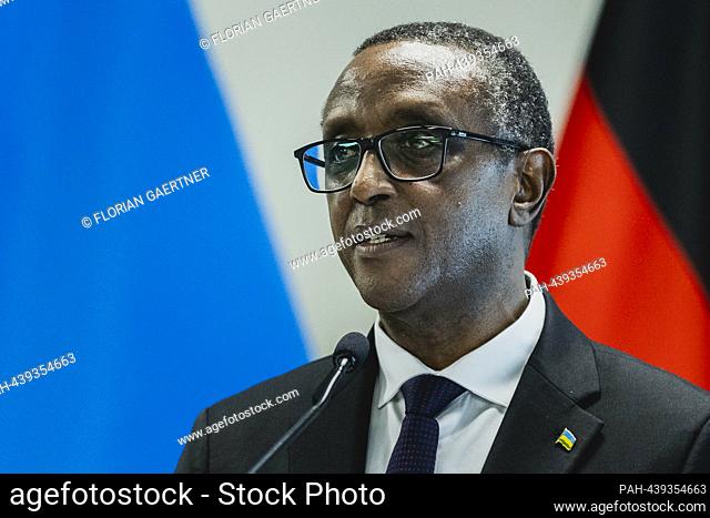 Vincent Biruta, Foreign Minister of Rwanda, taken at a joint press conference with Annalena Baerbock (not in the picture), Federal Foreign Minister, in Kigali