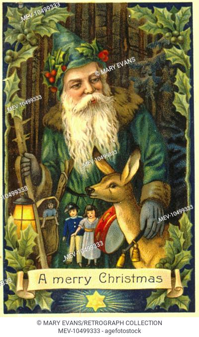 Christmas card of Father Christmas in a wood, delivering presents