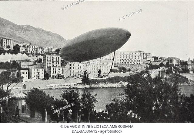 The airship No 6 of Alberto Santos-Dumont (1873-1932) flying over the Bay of Monaco, January 28, 1902, photo by Barca, from L'illustrazione Italiana, Year XXIX