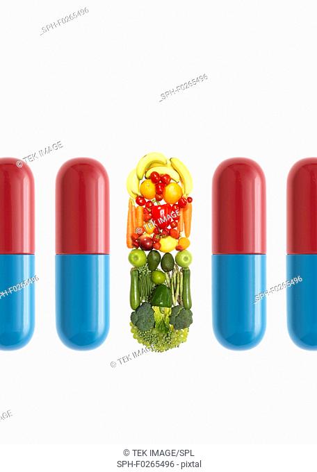 Healthy living, conceptual image. Medicine or fresh fruit and vegetables