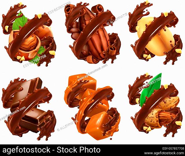Chocolate bar, nuts, caramel, cocoa bean in chocolate splash. 3d realistic vector