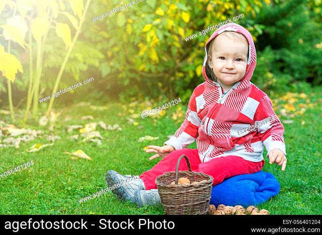 Cute baby boy is posing with wicker basket full of walnuts in the autumn garden