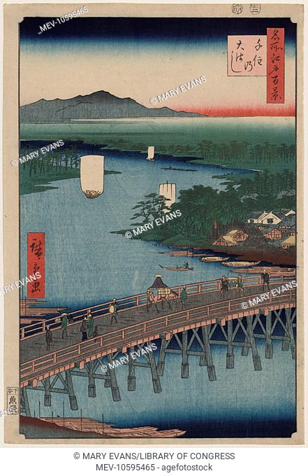 Senju great bridge. View of the bridge of Senju crossing the Sumida River, with mountains in the background. Date 1856