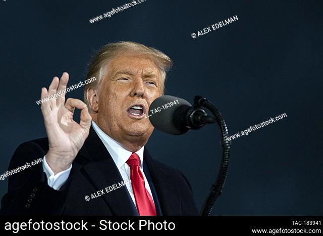 US President Donald Trump speaks during a Make America Great Again campaign event at Des Moines International Airport on October 14, 2020 in Des Moines, Iowa