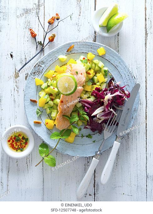 Salmon fillet on a mango and cucumber salad with radicchio