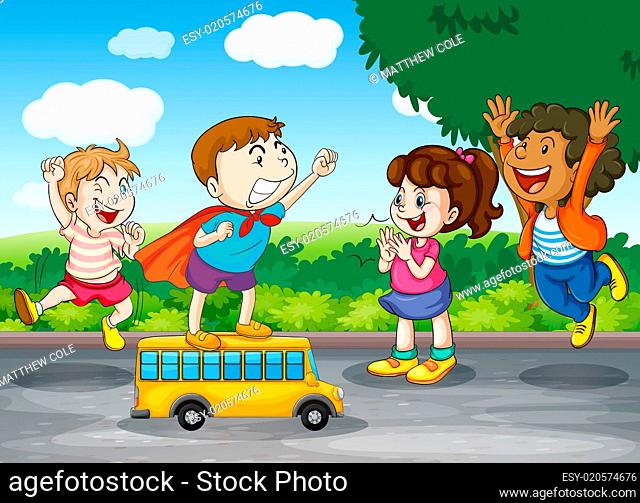 kids and toy bus