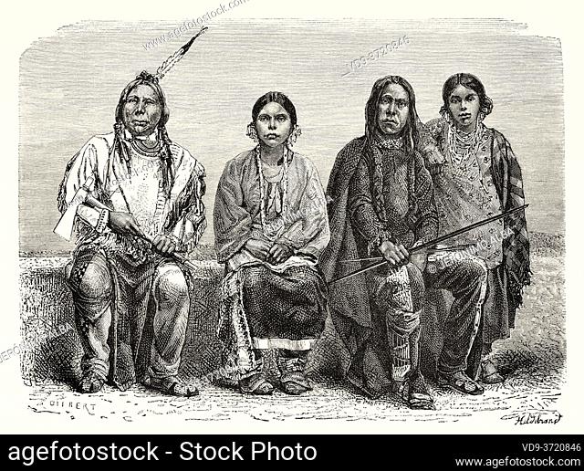 Sioux chief White swan. Native american indians Sioux men and women, United States of America. Old 19th century engraved illustration