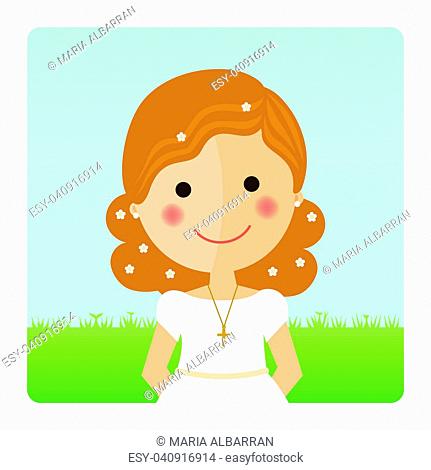 Girl communion foreground with curly hair on blue sky background