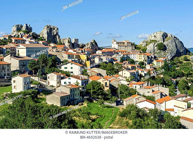 View of mountain village on rock Morg Caraceni, Pietrabbondante, Molise, Italy