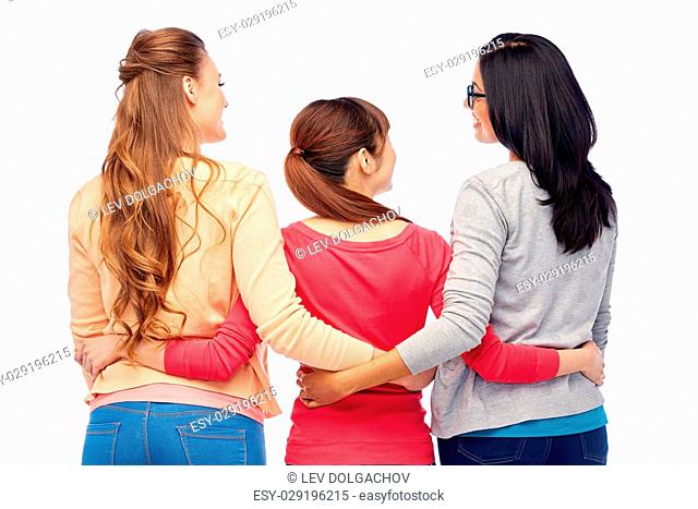 diversity, race, ethnicity and people concept - international group of happy smiling different women hugging over white from back