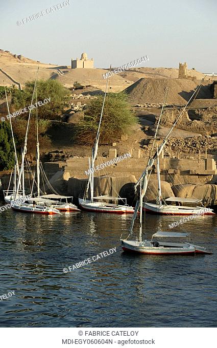 Felouques along the Elephantine island on the Nile and in the background the Aga Khan Mausoleum