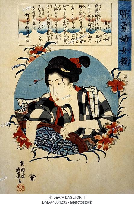 Okane, Of Omi Province with a tub for washing clothes, ca 1843, ukiyo-e by Utagawa Kuniyoshi (1797-1861) from the Mirror of courageous and wise women series