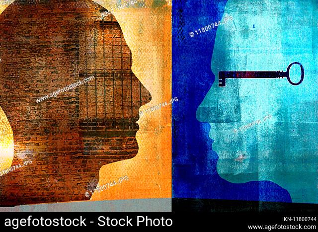 Man’s profile as brick wall facing man with key