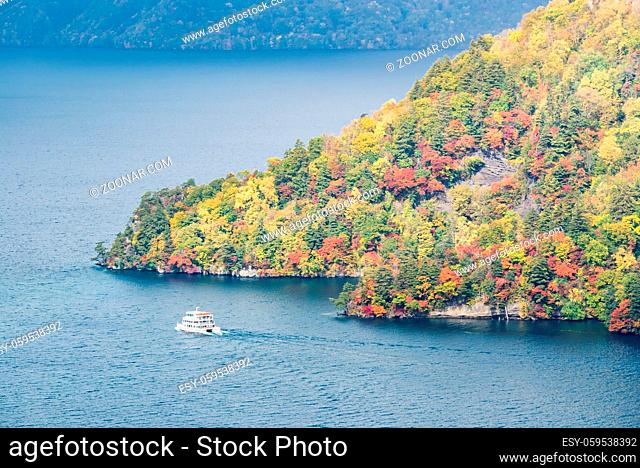 aerial view of Autumn fall mountain with Lake towada in Aomori Tohoku Japan