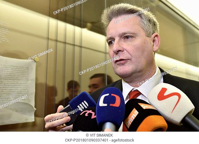 Stanislav Grospic, chairman of the Chamber of Deputies mandate and immunity committee, speaks to journalists prior to the committee meeting on the case of Capi...
