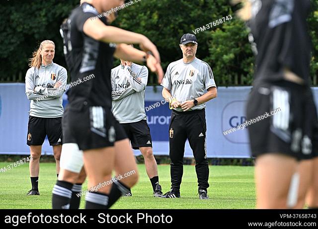 Belgium's assistant coach Lenie Onzia and Belgium's head coach Ives Serneels pictured during a training session of Belgium's national women's soccer team the...