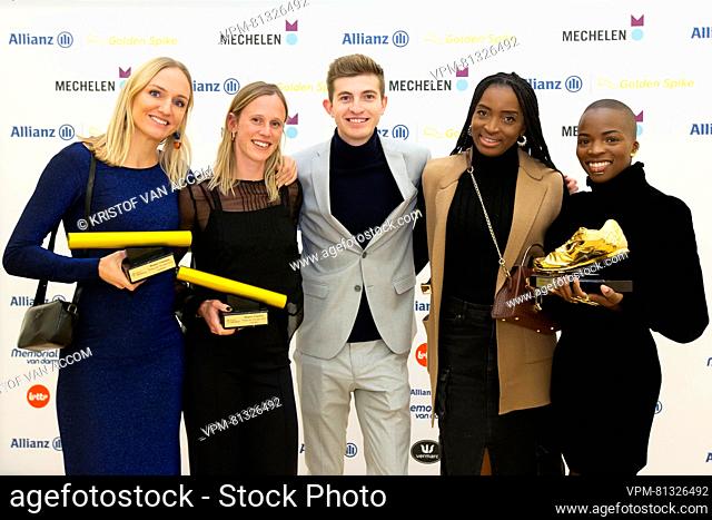 Hanne Claes, Imke Vervaet, Gaëtan Chiroux, Carole Kaboud Me Bam and Cynthia Mbongo Bolingo pictured at the 'Golden Spike' athletics awards ceremony