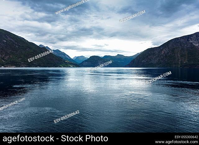 view of the Norwegian fjord on a cloudy day