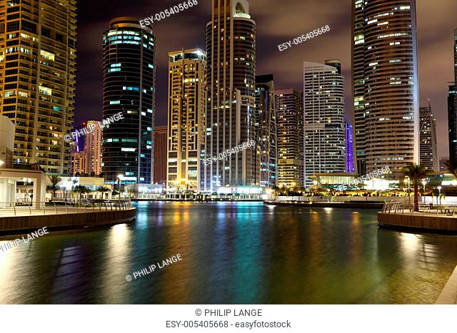 Jumeirah Lakes Towers at night. Dubai, United Arab Emirates