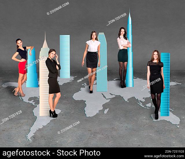Image of businesspeople standing on the world map. Map from NASA http://visibleearth.nasa.gov/view-rec.php?id=2433