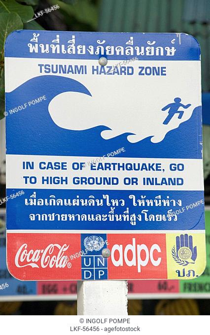 Close-up of a tsunami danger sign, Ko Phi Phi Don, Ko Phi Phi Island, Krabi, Thailand, after the tsunami