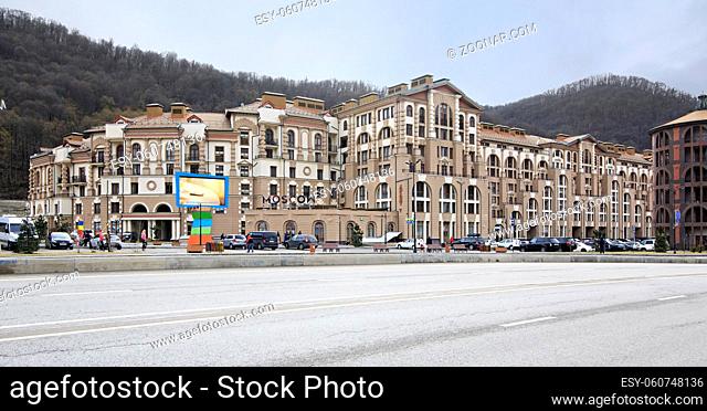 Sochi, Russia - February 13, 2015: Restaurant Moscow and Gorky Gorod apartments in Esto Sadok