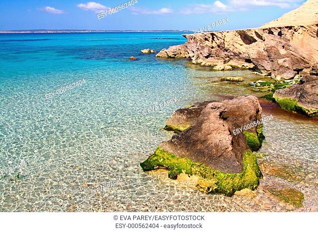 The beach Es Caló des Mort in the island of Formentera Baleares, Spain