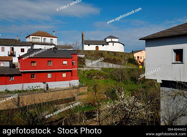 View of the church and houses of A Pobra do Brollon, Lugo, Spain