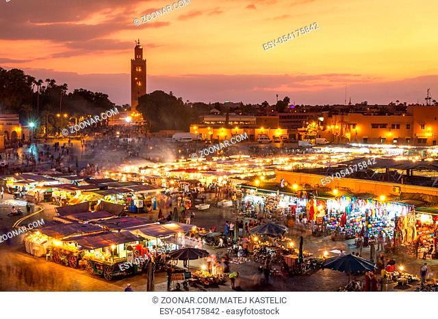 Jamaa el Fna market square, Marrakesh, Morocco, north Africa. Jemaa el-Fnaa, Djema el-Fna or Djemaa el-Fnaa is a famous square and market place in Marrakesh's...